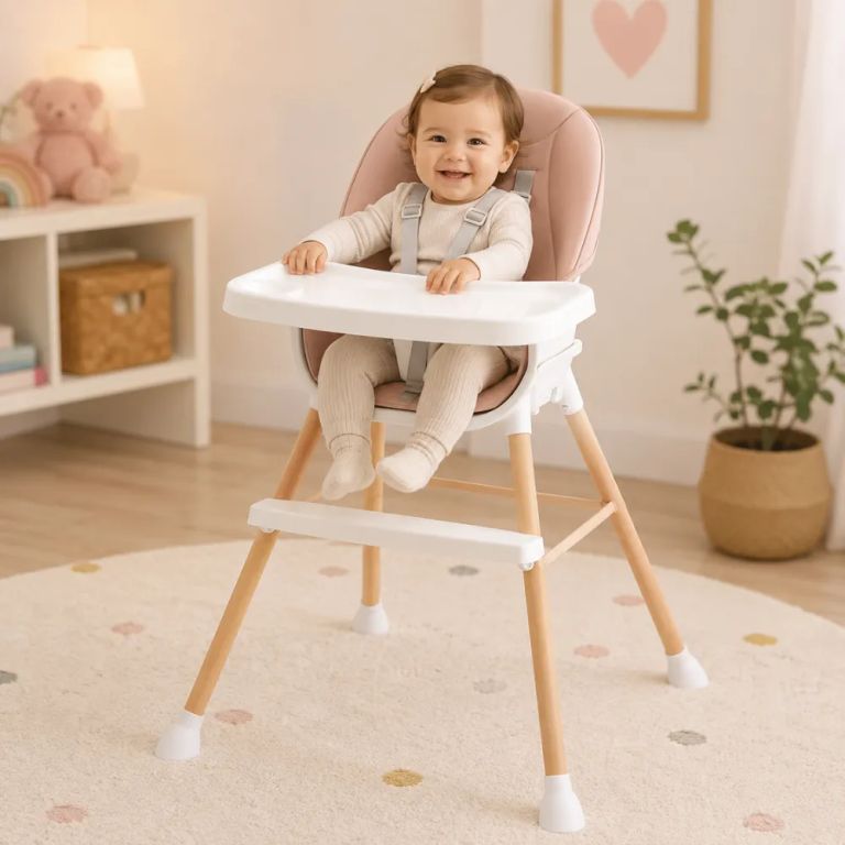 SILLA DE COMER DE MADERA PARA BEBES 5 EN 1 DE LUJO ROSA