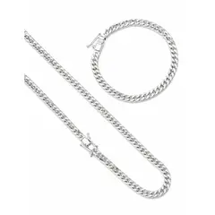 GENERICO - Juego Cadena y Pulsera Cubana Plata 925 Hombre - Set Cadena Cubana Plata Maciza Elegante