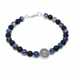 GENERICO - Pulsera San Benito de Plata 925 con Piedra Azul Natural y Ónix Negro