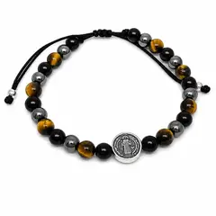 GENERICO - Pulsera San Benito con Ojo de Tigre, Hematita y Ónix Negro con Detalles en Plata