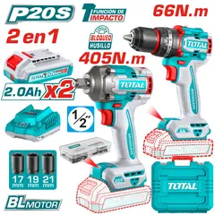 TOTAL - TALADRO 66NM Y PISTOLA IMPACTO 405NM 20V EN MALETA-TCKLI20286