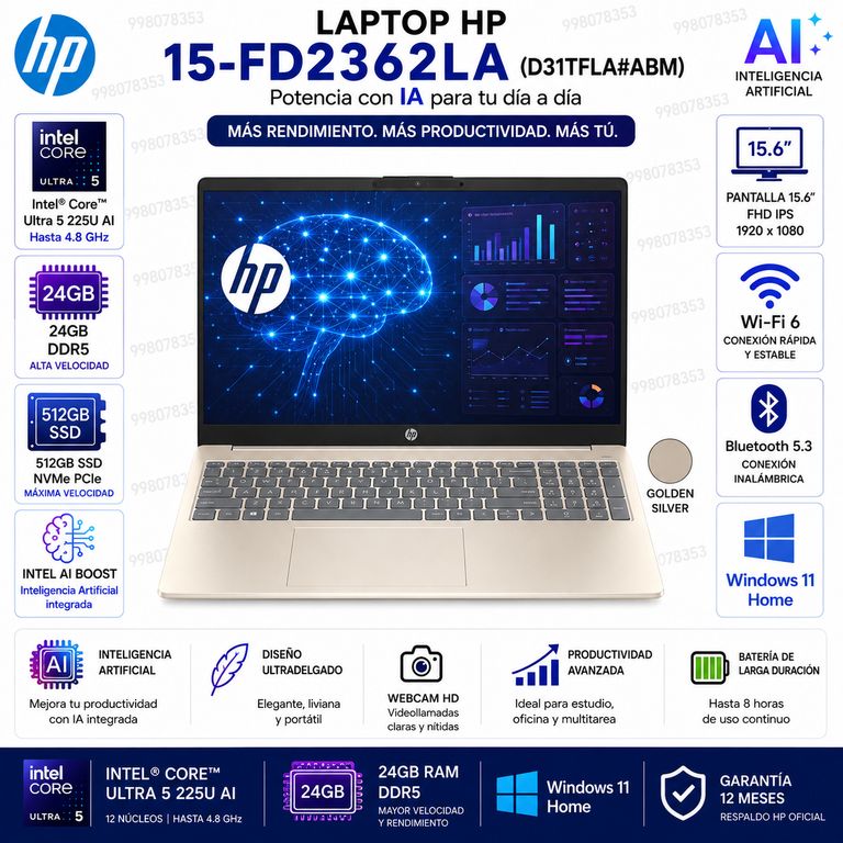 Laptop 15-fd2362la Intel Core Ultra 5 225U AI 24GB RAM 512GB SSD 15.6" FHD FreeDOS Golden Silve