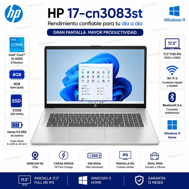 Laptop 17-cn3083st Intel Core i3-N305 8GB RAM 512GB SSD 17.3" FHD Windows 11