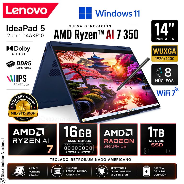 Laptop IdeaPad 5 83KT001YUS 2 en 1 14AKP10 AMD Ryzen AI 7 350 16GB DDR5 RAM 1TB SSD 14" Touch