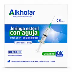 ALKHOFAR - Jeringa Estéril De 10mL Aguja 21G X 1 1/2 Por 100 und -