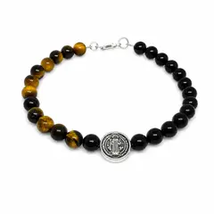 GENERICO - Pulsera San Benito con Piedra Ojo de Tigre y Ónix Negro para Hombre Detalles en Plata