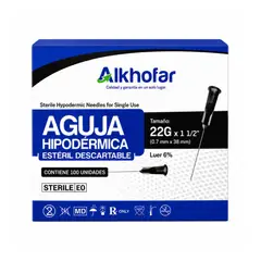 ALKHOFAR - AGUJA HIPODERMICA ESTÉRIL 22 x 1 1/2” CAJA POR 100 UND -
