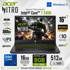 ACER - Laptop Nitro V16 ANV16-72-789X Intel Core 7 240H 16GB RAM 512GB SSD RTX 5050-8GB 16" 180 Hz
