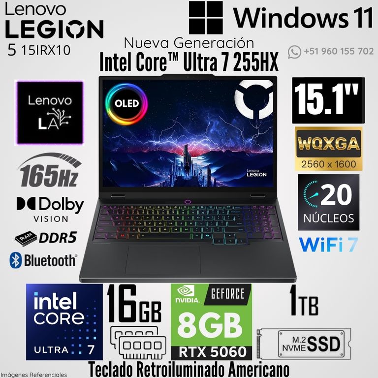 Laptop Legion 5 15IAX10 Intel Core Ultra 7 255HX 16GB RAM 1TB SSD RTX 5060-8GB 15.1" OLED