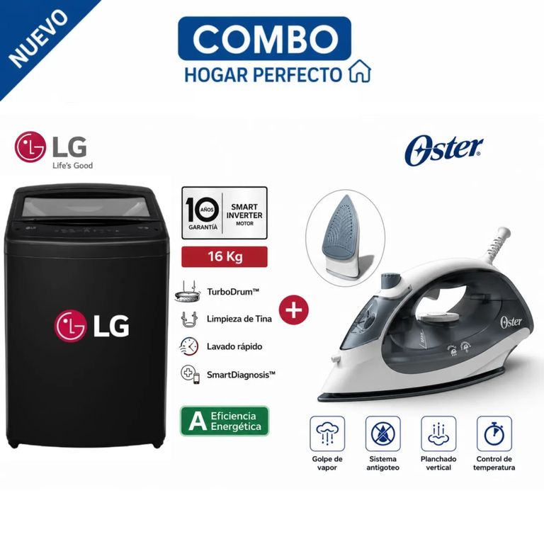 LAVADORA 16 KG WT16OBVTB TURBODRUM CARGA SUPERIOR NEGRO + PLANCHA