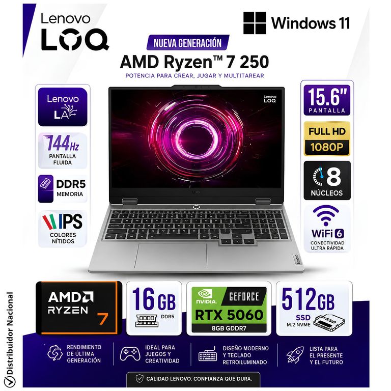 Laptop Gamer LOQ 15AHP10 AMD Ryzen™ 7 250 16GB RAM 512GB SSD RTX™ 5060 8GB GDDR7 - 83JG007PUS