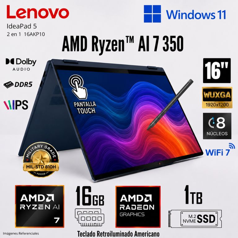 Laptop IDEAPAD 5 2-EN-1 16AKP10 RYZEN AI 7 350 16GB RAM 1TB 16" WUXGA -83KU0013US