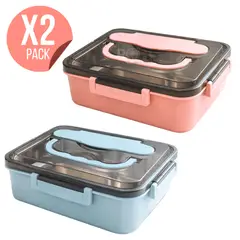 OEM - Pack X2 Tupper De Acero Inoxidable Con Compartimientos Cuchara Y Palitos