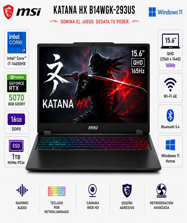 Laptop Katana HX B14WGK-293US Intel Core i7-14650HX 16GB DDR5 1TB SSD RTX 5070 8GB 15.6" QHD 165Hz Windows 11