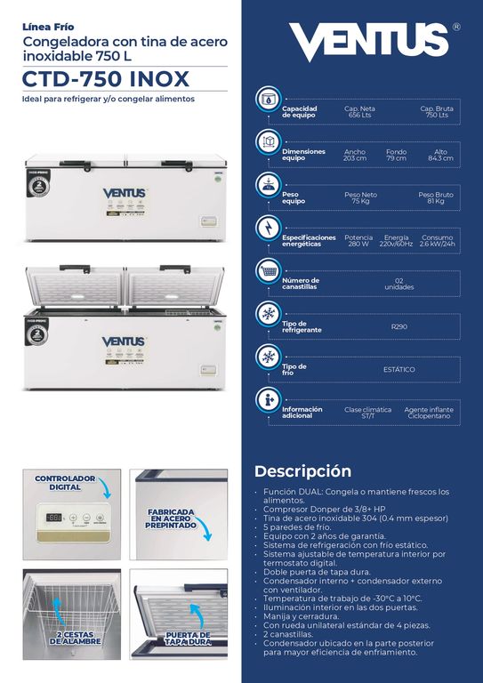 Congeladora con Tina de Acero Inoxidable CTD-750 INOX -