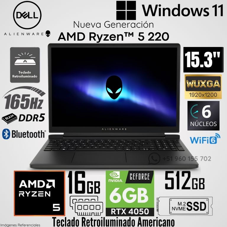 Laptop Gaming Alienware 15 DA15265 AMD Ryzen 5 220 16GB RAM 512GB SSD RTX 4050-6GB 15.3" WUXGA