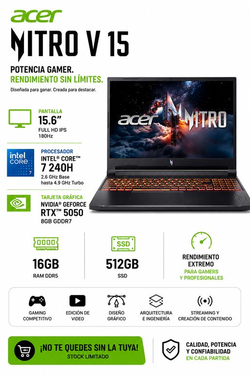 Laptop Nitro V 15 Intel Core 7 240H 16GB RAM 512GB RTX 5050 8GB 15.6″ FHD 180Hz Windows 11