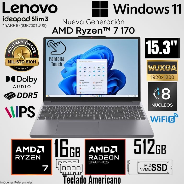 Laptop IdeaPad Slim 3 15ARP10 AMD Ryzen 7 170 16GB RAM 512GB SSD 15.3" WUXGA Táctil