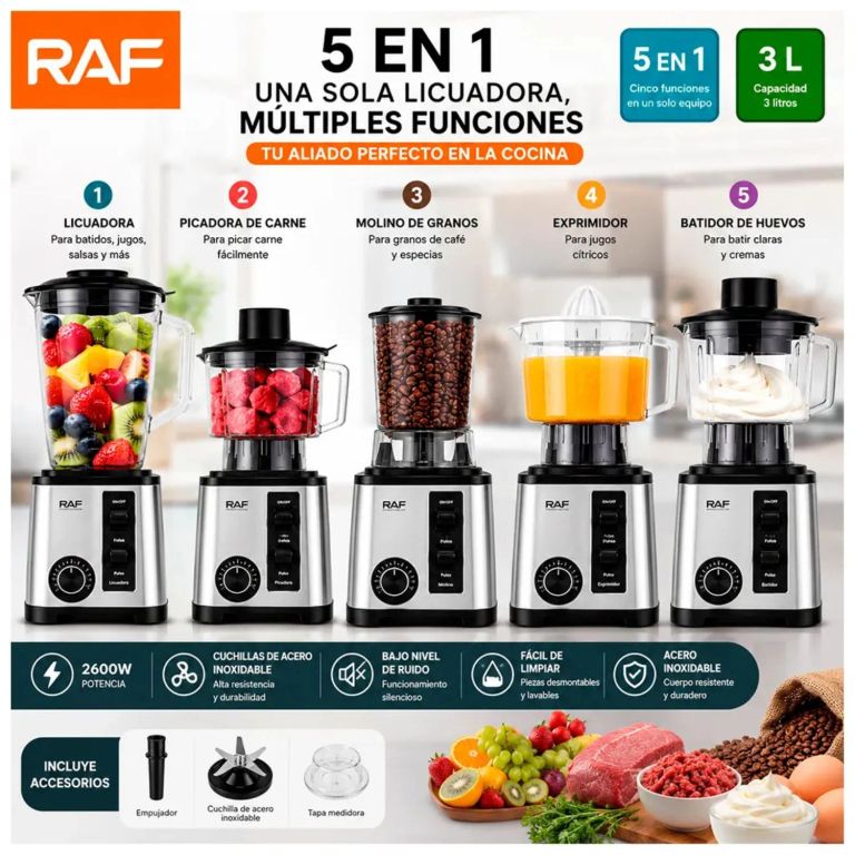 Licuadora Multifuncional 5 en 1 RAF R2880 2600W 3L Procesador Batidora Molinillo y Exprimidor