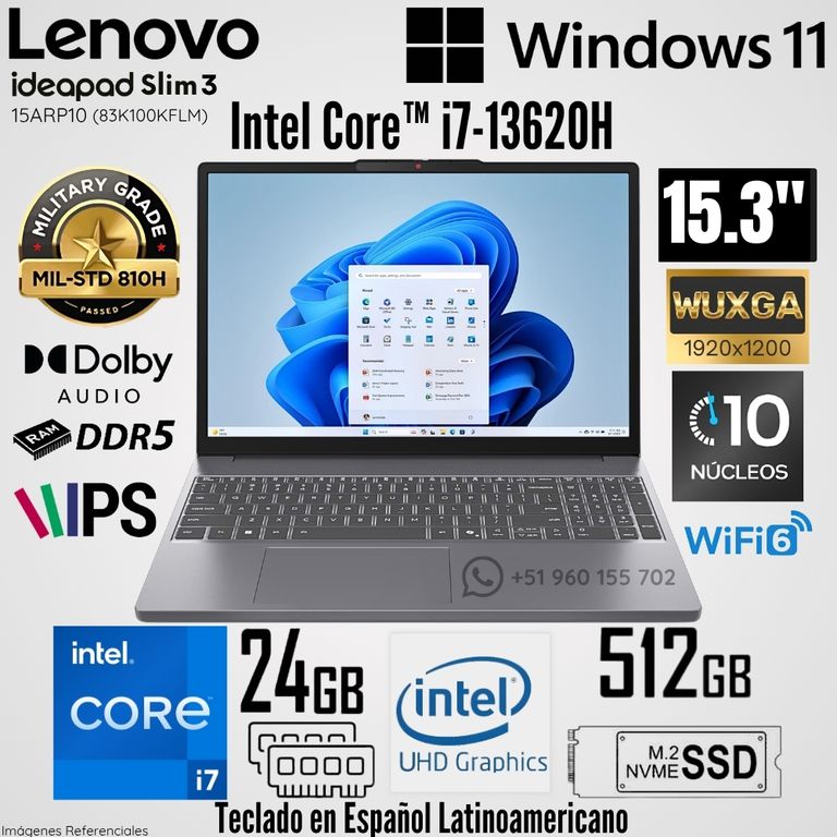 Laptop IdeaPad Slim 3 15ARP10 Intel Core i7-13620H 24GB RAM 512GB SSD 15.3" WUXGA Luna Grey