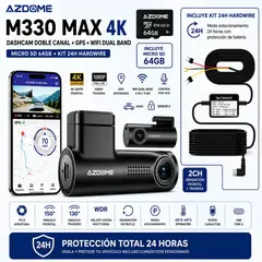 AZDOME - CÁMARA PARA AUTOS DASHCAM M330 MAX 4K Dual GPS + WiFi + 64GB + Kit 24H