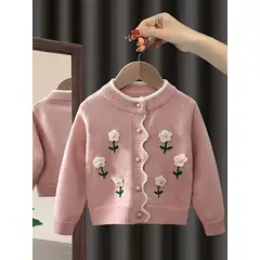GENERICO - Cardigan Tejido Infantil Rosa Blossom Garden con Flores 3D y Volantes