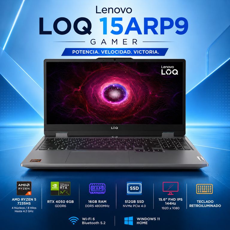 Laptop Gamer LOQ 15ARP9 Gris 15.6" FHD 144Hz AMD Ryzen 5 7235HS 16GB RAM 512GB SSD RTX 4050 6GB