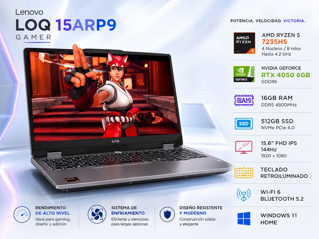Laptop Gamer LOQ 15ARP9 Gris 15.6" FHD 144Hz AMD Ryzen 5 7235HS 16GB RAM 512GB SSD RTX 4050 6GB