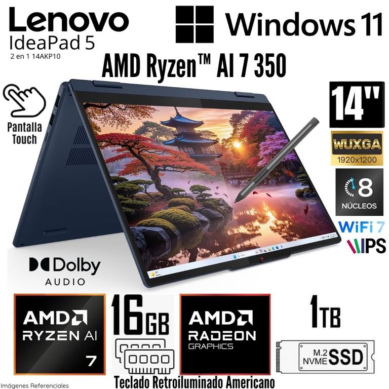 Laptop IdeaPad 5 2 en 1 14AKP10 AMD Ryzen AI 7 350 16GB RAM 1TB SSD 14" WUXGA Táctil - 83KT001YUS