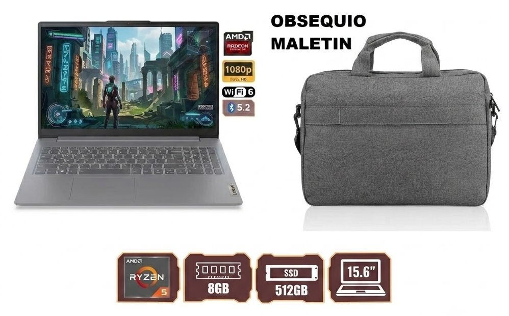 LAPTOP AMD RYZEN 5 7520U RAM 8GB SSD 512GB PANTALLA 15.6” FULL HD + MALETIN