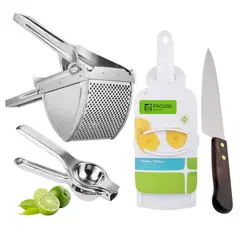 FACUSA - Set de 4 Utensilios de Cocina Prensa Papas + Chiflera + Exprimidor + Cuchillo