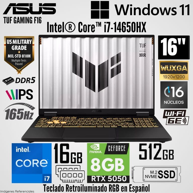 Laptop TUF Gaming F16 FX608JHR Intel Core i7-14650HX 16GB RAM 512GB SSD RTX 5050-8GB 16" WUXGA