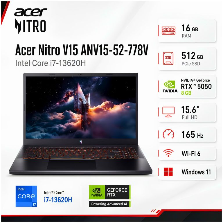 Laptop Gamer NITRO V 15 ANV15-52-778V Intel® Core™ i7-13620H 16GB RAM 512GB SSD RTX™ 5050 NH.U1PAA.003