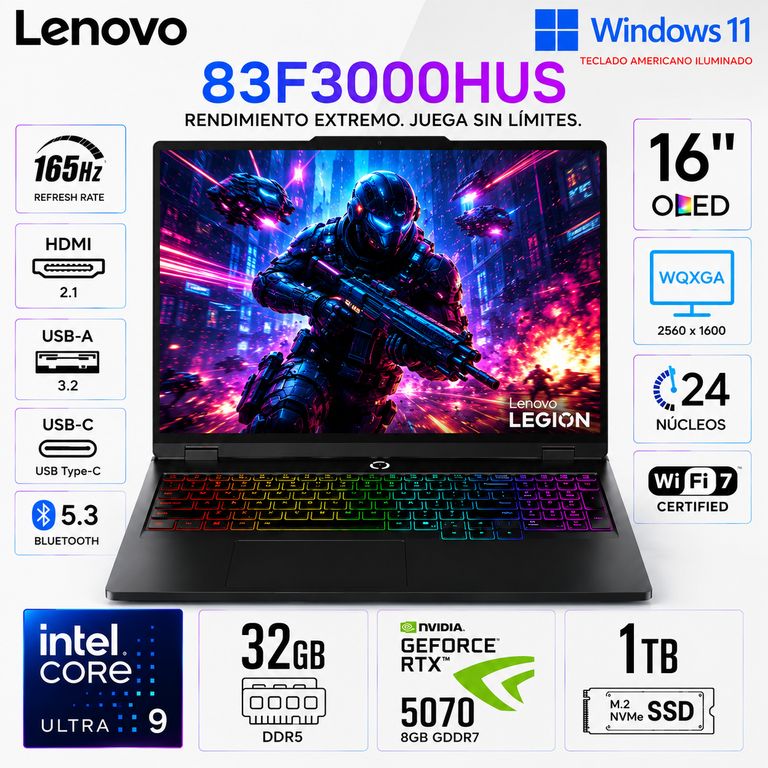 Laptop Legion Pro 5 16IAX10 Intel Core Ultra 9 275HX 32GB RAM 1TB SSD RTX 5070-8GB 16" OLED - 83F3000HUS
