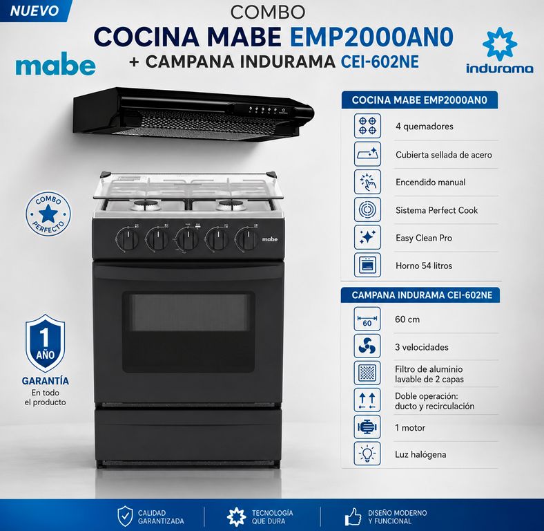 Combo Cocina de Piso a Gas Inox EMP2000AN0 + CAMPANA CEI-602NE