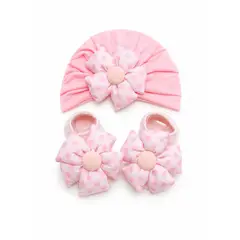 GENERICO - Set de turbante y zapatitos para bebe o niña con diseño de flor - rosa