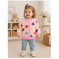 GENERICO - Cardigan Afelpado Bebé Niña Corazones Multicolor Rosa Suéter Térmico de Invierno