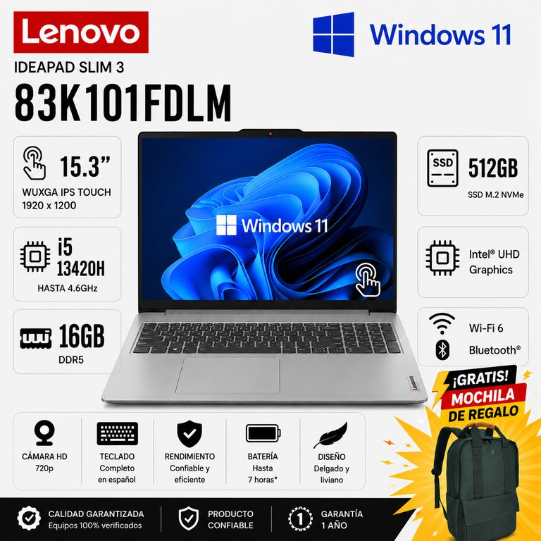 Laptop IdeaPad Slim 3 15.3" WUXGA IPS Touch Core i5-13420H 16GB DDR5 512GB SSD - 83K101FDLM + REGALO
