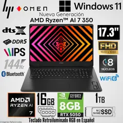 HP - Laptop Gaming OMEN 17-DB1001LA AMD Ryzen AI 7 350 16GB RAM 1TB SSD RTX 5050-8GB 17.3" FHD Black