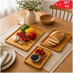 INSPIRA MARKET - Set x3 Bandejas de Bambú Multiusos para Cocina Comedor Hogar