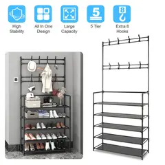 OEM - Zapatera de 5 Niveles con Perchero Estante Organizador Multiusos para Hogar Negro