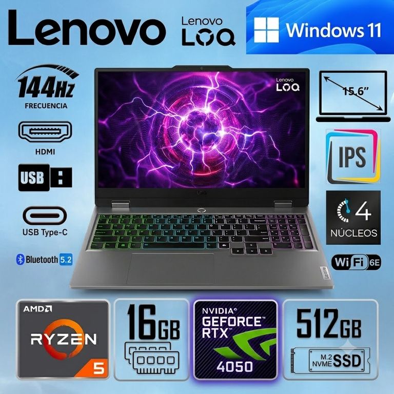 Laptop Gamer LOQ 15ARP9 Gris 15.6" FHD 144Hz AMD Ryzen 5 7235HS 16GB RAM 512GB SSD RTX 4050 6GB