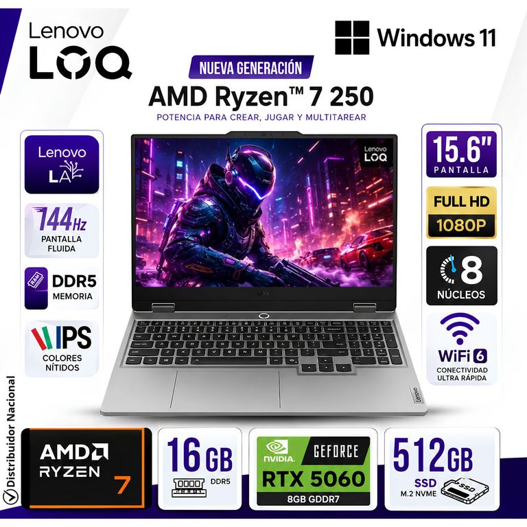 Laptop Gamer LOQ 15AHP10 AMD Ryzen™ 7 250 16GB RAM 512GB SSD RTX™ 5060 8GB GDDR7 - 83JG007PUS