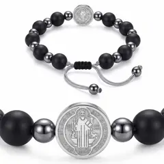 KARMY - Pulsera Mujer Ónix Mate Hematita San Benito Acero Plateado