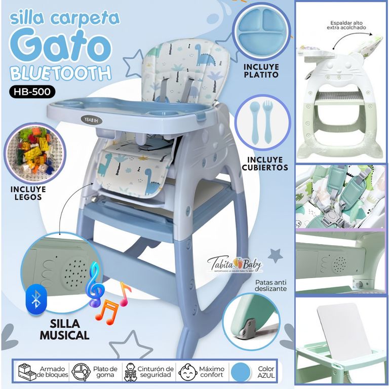 Silla de comer para bebe Gato Musical con accesorios Azul