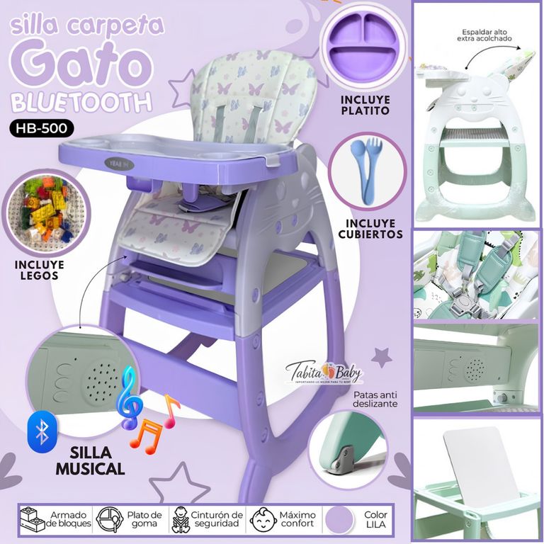Silla de comer para bebe Gato Musical con accesorios Morado
