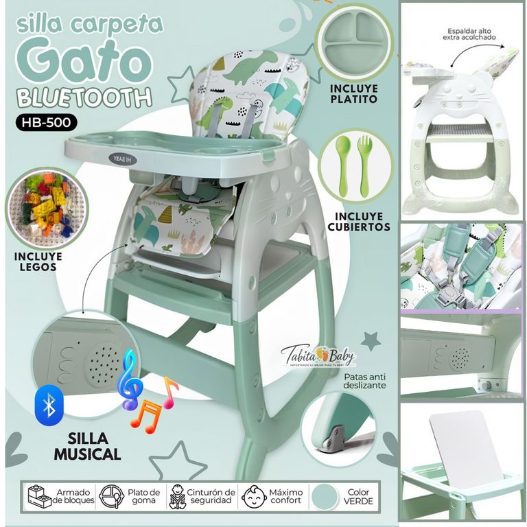 Silla de comer para bebe Gato Musical con accesorios Verde