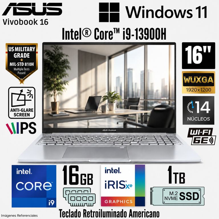 Laptop Vivobook F1605VA-WS96 16 WUXGA Intel Core i9-13900H 16GB 1TB SSD Windows 11 Cool Silver