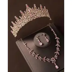 ARELYS - Set Corona Tiara Collar y Aretes Graduaciones Quinceañeros Rosado