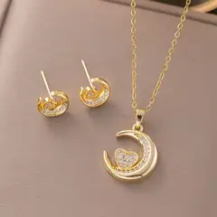 GENERAC - Set Collar Arete Luna y Corazón con Circonio Mujer Regalo